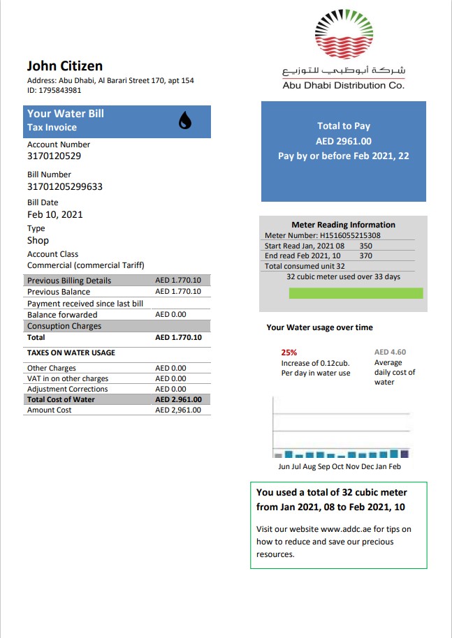 United Arab Emirates Abu Dhabi Distribution water utility bill template in Word and PDF format